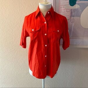 Lauren Ralph Lauren Petite Red Linen Short Sleeve Button Down Shirt